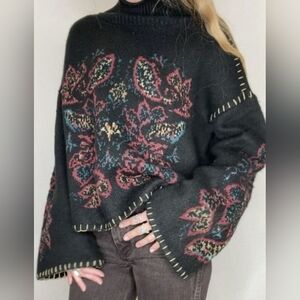 Shyanne western paisley floral print thick knit turtleneck bell sleeve sweater